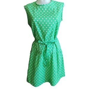 sz 10 Vintage Fritzi Dress Green Polka Dot Sleeveless Waist Tie & Back Zipper